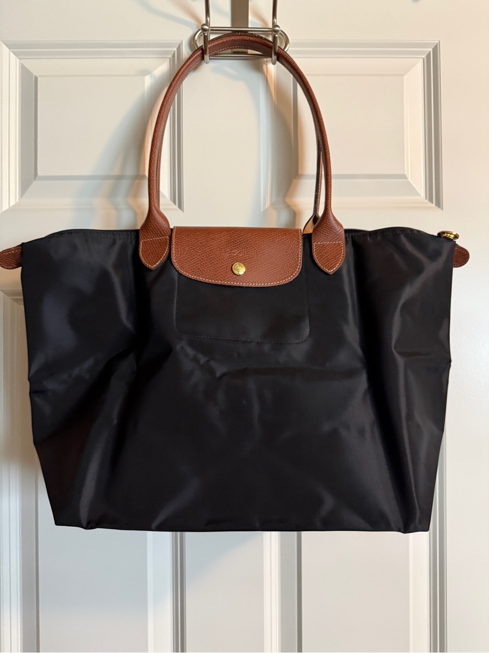 Longchamp Black Tote with Brown Leather